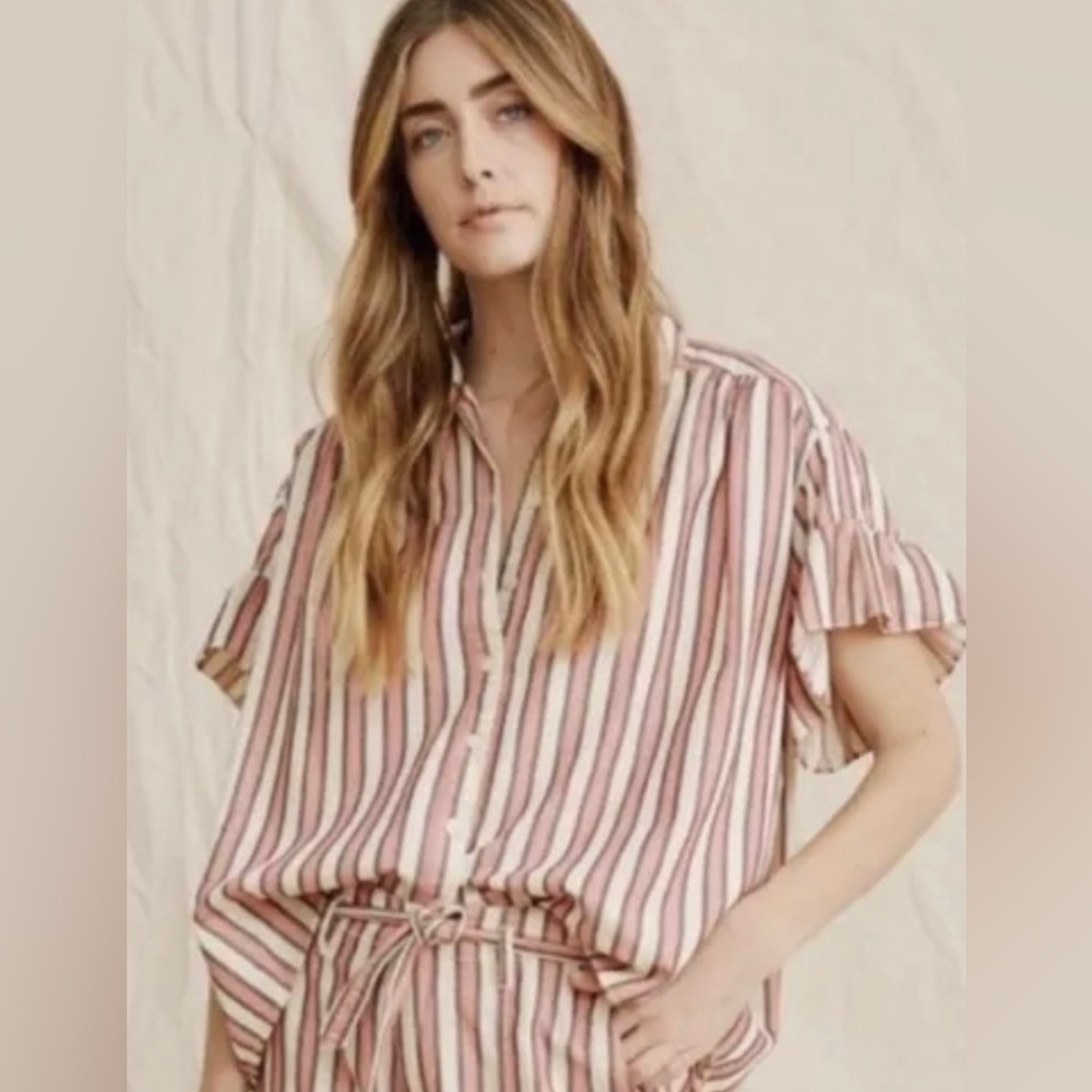The Great. The Flounce Button Up in Pink Taffy Stripe